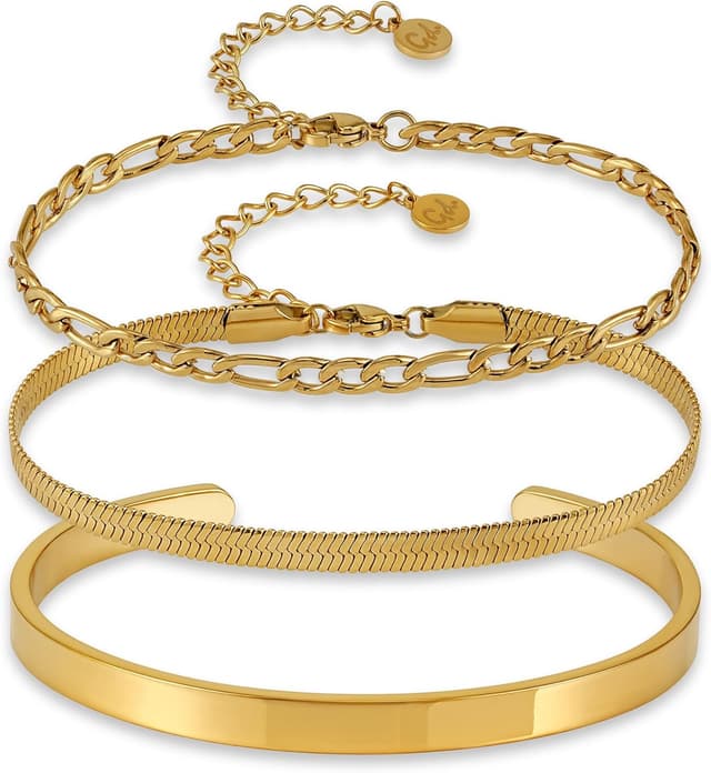 Thumbnail 6 de Set di 3 bracciali da donna in acciaio 316L regolabili (oro, argento o oro rosa) con bracciale a serpente, a maglie e rigido