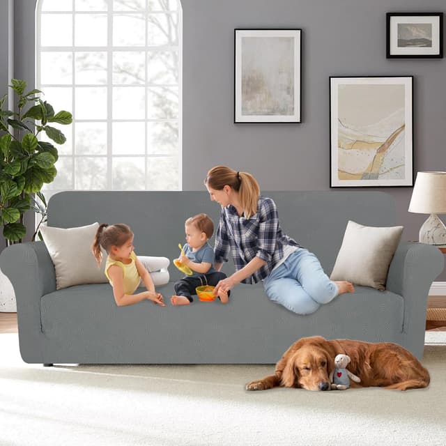 Detalle 2 de YSTELLAA Copridivano 2 Posti grigio chiaro anti-graffio e anti-macchia, con braccioli e fascia antiscivolo