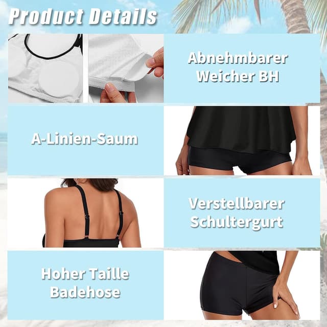 Detalle de wihnsinop Damen Tankini-Set mit Bauchkontrolle (Top & Badeshorts)