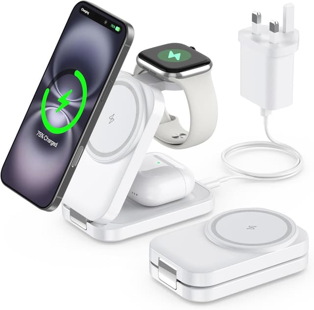 Detalle de 3-in-1 Foldable Magnetic Wireless Charging Station for Apple (15W MagSafe) — for iPhone, Apple Watch & AirPods