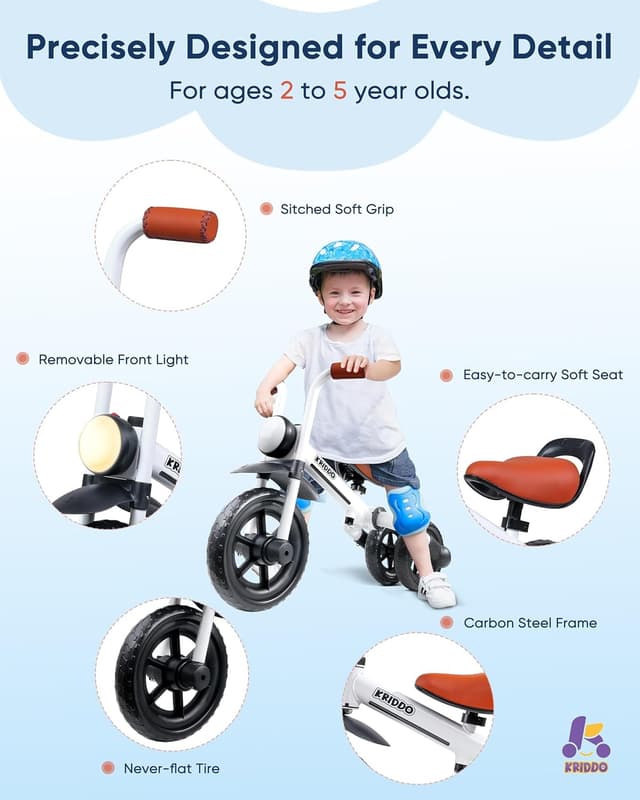 Detalle 2 de KRIDDO 2-in-1 Kids Balance Bike and Tricycle (2 to 5 Years) with Detachable Pedals and Front Light
