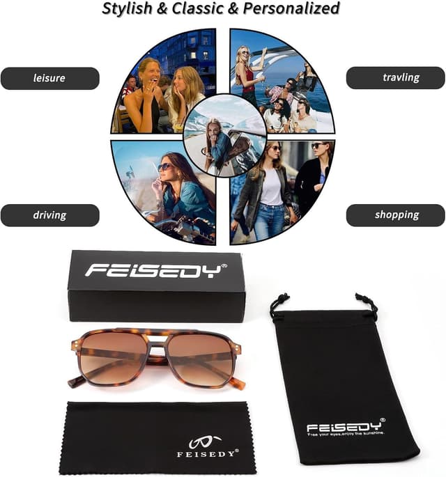 Detalle de FEISEDY Retro Square Sonnenbrille mit Doppelbrücke (UV400, Vintage-70er-Design) B2835