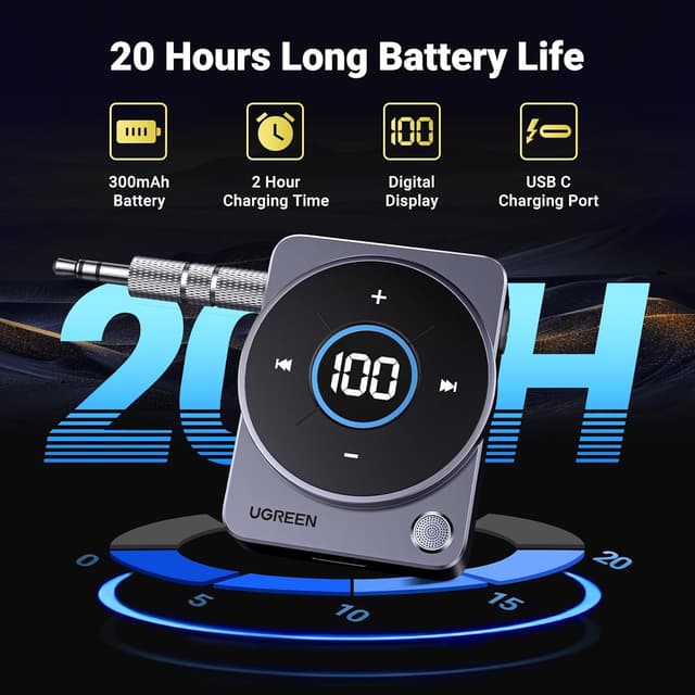 Detalle de UGREEN Aux Bluetooth 5.4 Adapter for Car with 3.5mm Jack, LED Display & Hands-Free Calling