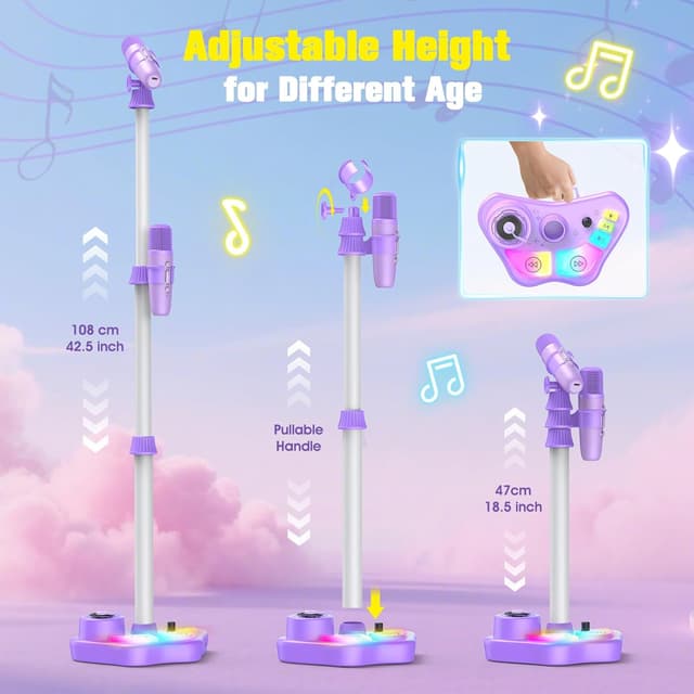 Thumbnail 6 de Dislocati set karaoke per bambini con 2 microfoni, luci LED e altoparlante portatile (supporto regolabile fino a 108 cm) – Viola