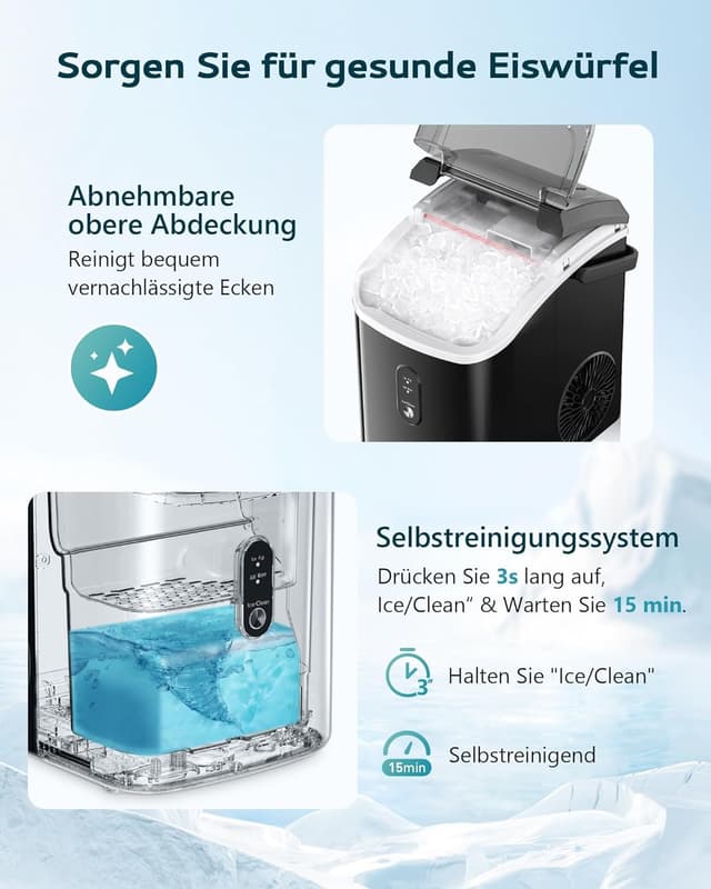 Detalle de EUHOMY Eiswürfelmaschine (15 kg/24h) mit Crushed-Nuggets-Eis, Infrarot-Sensor & automatischer Reinigung
