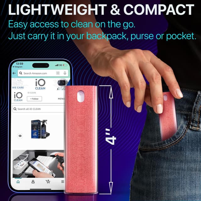 Detalle 2 de iO CLEAN IO CLEAN Mini Screen Cleaner Spray (Finger Proof) – 3-in-1 Mist Cleaner with Microfiber Cloth & Protective Cover, Grey