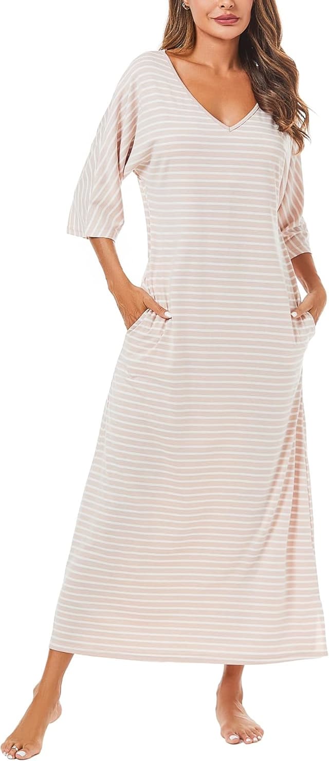 Detalle de Uniexcosm Chemise de nuit longue en coton pour femme, col en V et poches latérales