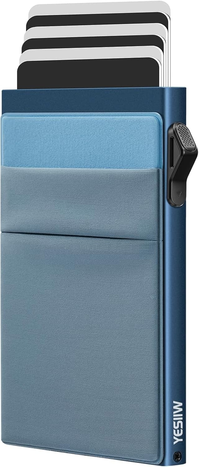 Detalle de YESIIW Minimalistische RFID-Brieftasche mit Pop-up-Kartenhalter und Münzfach – schlankes Kartenetui für Herren (blau)