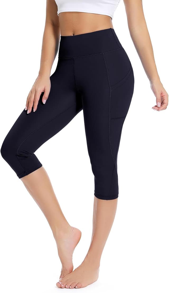 Detalle de FITTOO Pantaloni della tuta a due righe donna: leggings Capri con vita alta per yoga, corsa e palestra