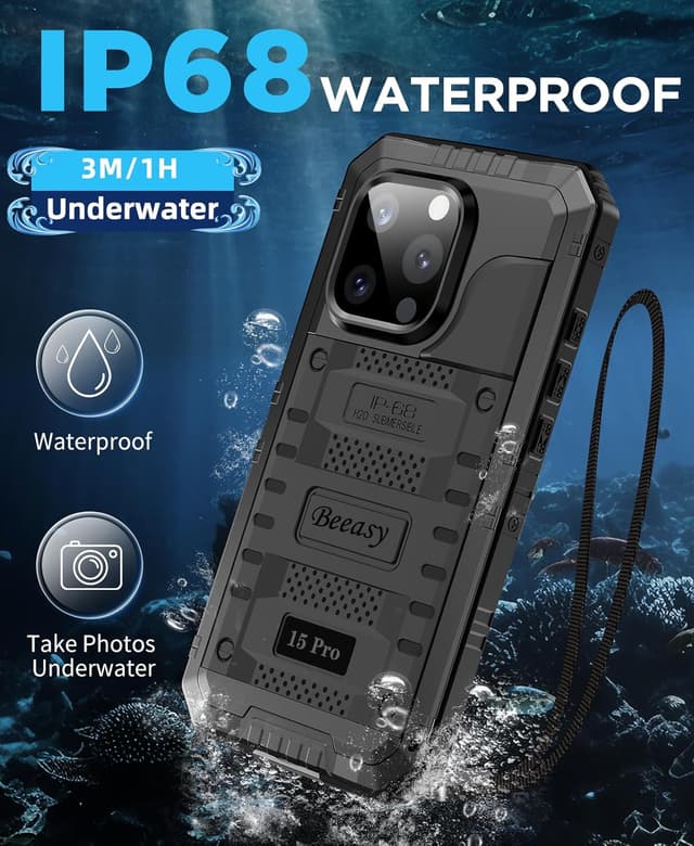 Detalle de Beeasy Robust Series Waterproof Case for iPhone 15 Pro (6.1-inch) with Built-in Screen Protector