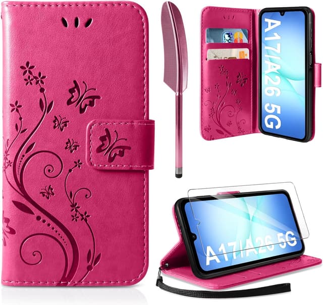 Detalle de AROYI Lederhülle für Samsung Galaxy A17 5G / A26 5G inkl. Schutzfolie & Stylus – Rosenrot (Flip Wallet Case)