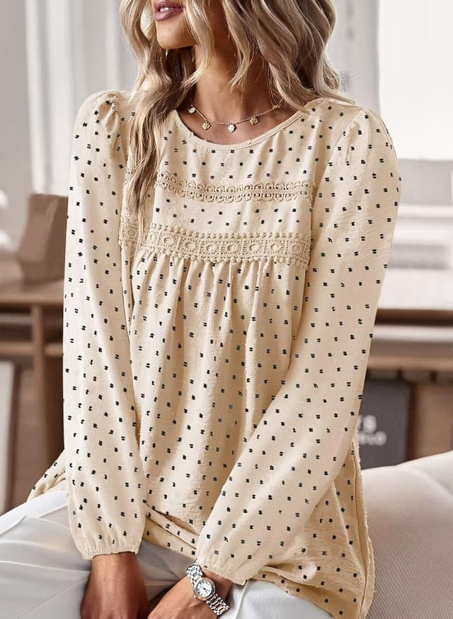 Detalle de TUUHAW Langarmshirt Damen Boho mit Rundhals & Häkelapplikation – lässige Tunika für Frühling bis Winter