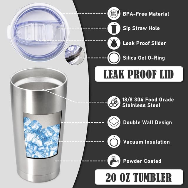 Detalle de AEPDTD 20 oz Coffee Travel Tumbler (Stainless Steel Double-Wall Vacuum) with Lid — 8-Pack