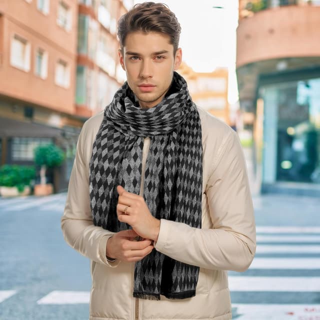Detalle de Lamca Men’s Cashmere-Like Soft Winter Scarf (180 x 33 cm) – warm, lightweight and classic check design