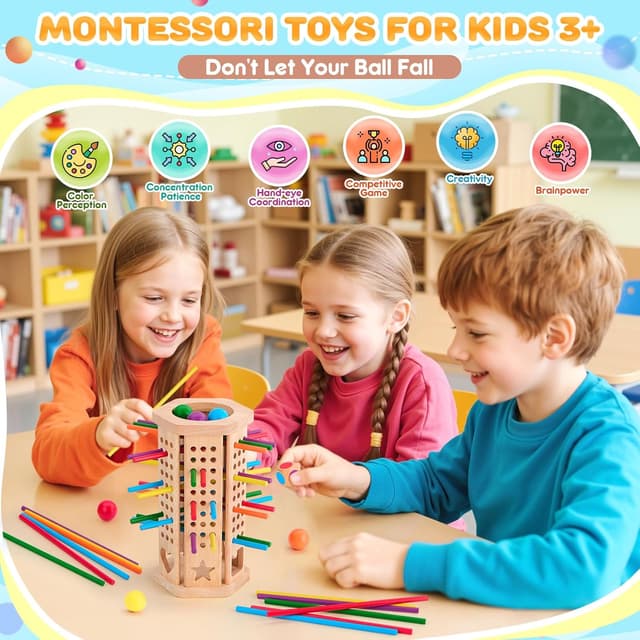 Detalle de Bridokit Montessori Brettspiel aus Holz ab 3 Jahren mit 42 bunten Holzstäbchen (bis zu 6 Spieler)