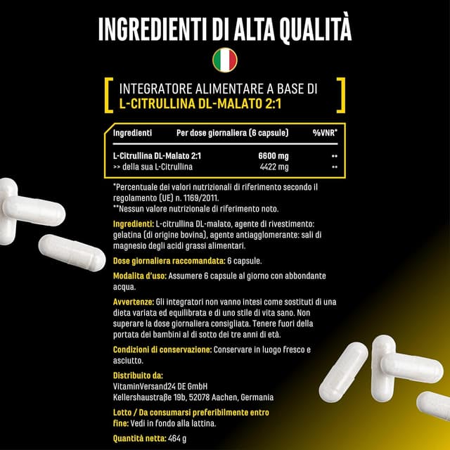 Detalle de L-Citrullina Ultra Caps di DL-malato 2:1 – 365 capsule ad alto dosaggio (1.100 mg/capsula)