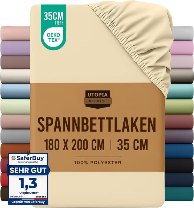 Detalle de Spannbettlaken 180x200 cm in Beige – Utopia Bedding, 35 cm Taschen, gebürstete Polyester-Mikrofaser (OEKO-TEX)