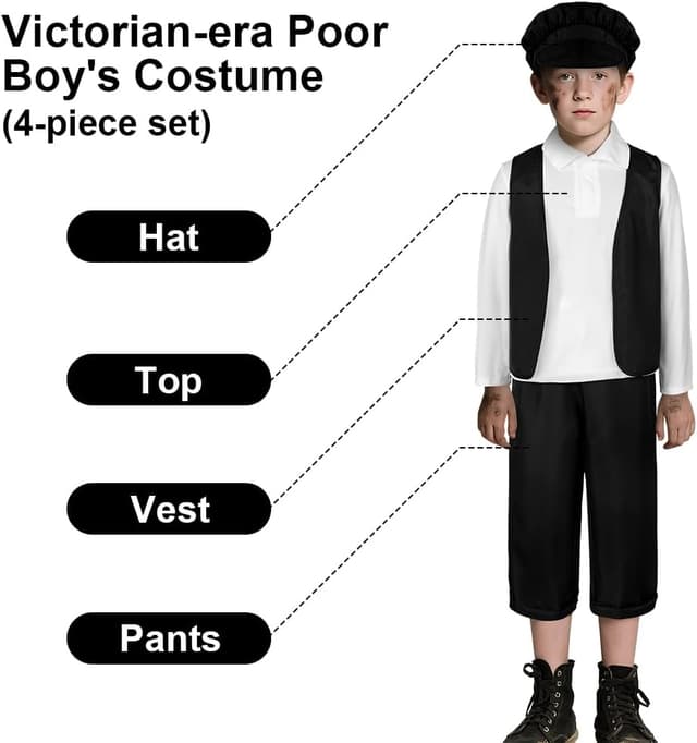Detalle de DiULi Children’s Victorian Boy 4-Piece Costume Set (Vest, Hat, Trousers & Shirt) for World Book Day & School Plays
