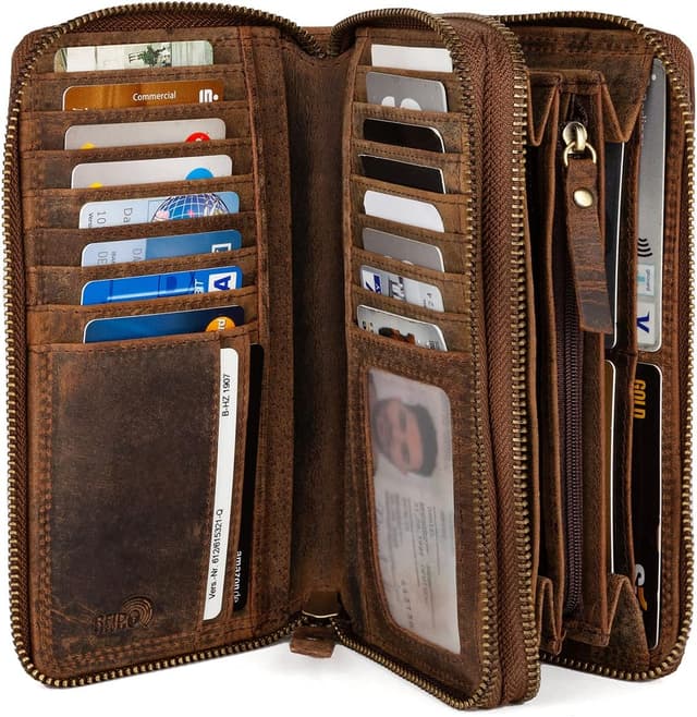 Detalle de LEABAGS Leder Geldbörse Damen – XXL Portemonnaie mit RFID/NFC-Schutz, Doppelter Reißverschluss (Vintage Dunkelbraun)