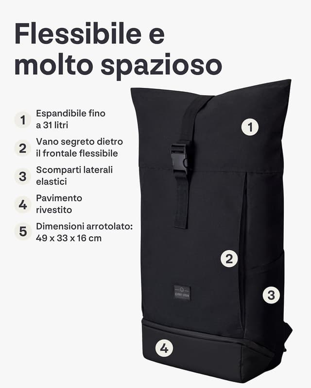 Detalle de Johnny Urban Zaino Roll Top Allen XL Zaino impermeabile uomo e donna con scomparto per PC fino a 17 pollici