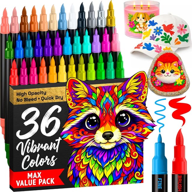 Detalle de Artistro ARTISTRO 36 Acrylic Paint Markers (Dual-Tip Brush + Fine) for Fabric, Glass, Wood & DIY