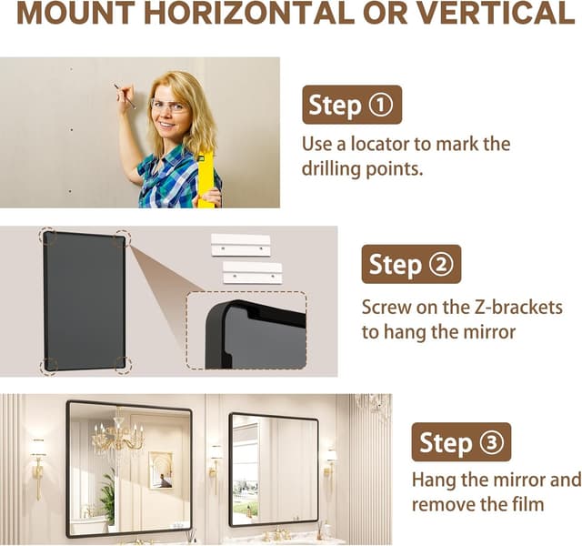 Detalle 2 de pertetey 36x36 Inch Black Metal Frame Bathroom Mirror (Tempered Glass, Wall Mounted)