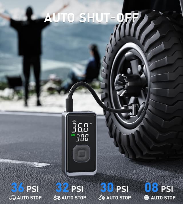 Detalle de Portable Tire Inflator Air Compressor (Cordless, 150 PSI) with Digital Pressure Display and LED Light