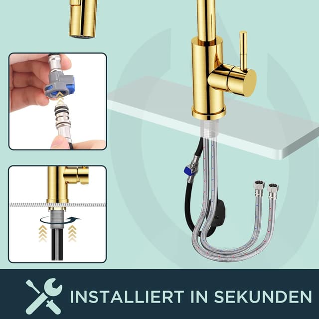 Detalle 1 de FORIOUS Küchenarmatur mit hohem Bogen und 360° Schwenkbereich – ausziehbare Brause in gebürstetem Gold