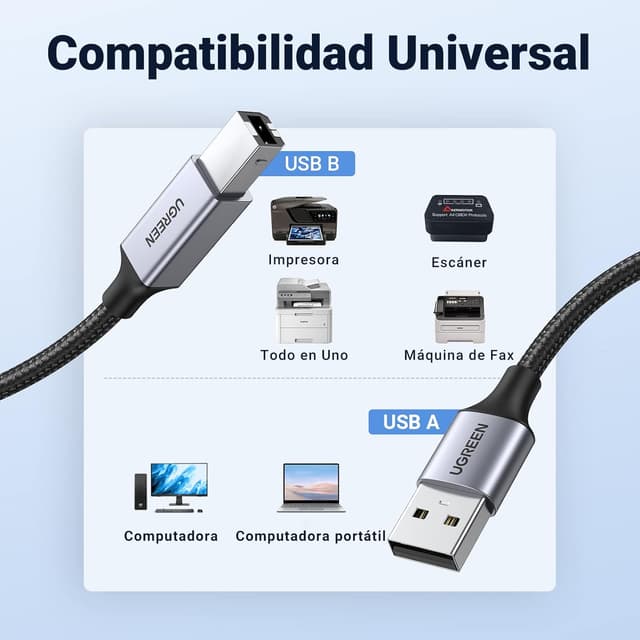 Detalle 2 de UGREEN Cable impresora USB A a B 3 metros