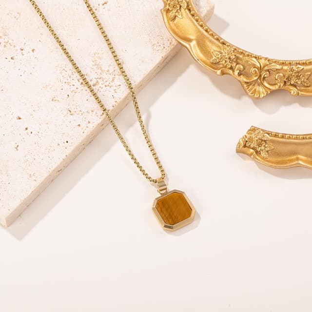 Thumbnail 6 de TUNGSTORY Edelstahl vergoldete Halskette mit schwarzem Onyx – 45 + 6 cm, Unisex mit Anhängern