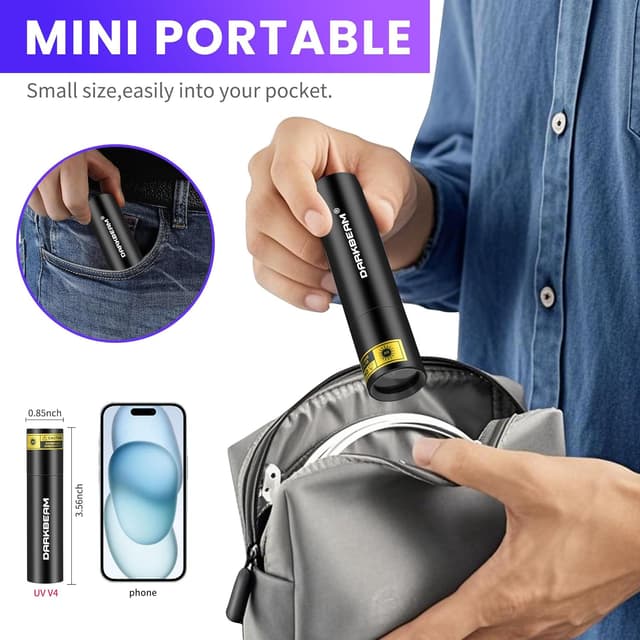 Detalle de DARKBEAM UV Torch 365nm Mini Black Light (Rechargeable USB) — portable UV flashlight for stains, pet urine & fluorescent detection