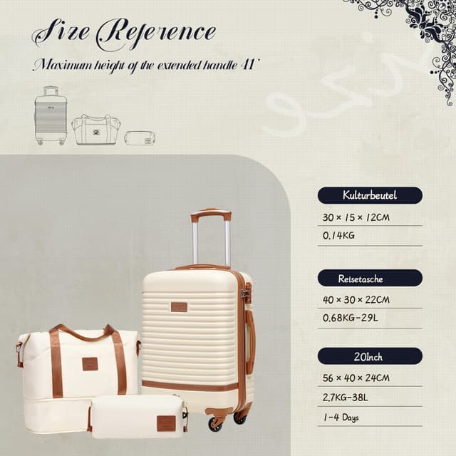 Detalle de COOLIFE Koffer Set 3-teilig (Handgepäck + Koffer + Reisetasche) ABS Hartschale, 360° Räder & TSA-Schlösser – Dunkelgrün/Braun