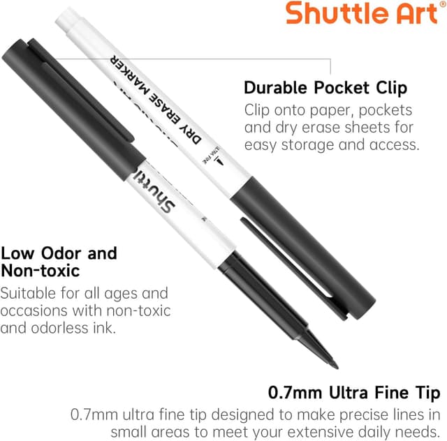 Detalle de Shuttle Art Ultra Fine Tip Whiteboard Pens (15-pack) – 0.7mm Black dry-erase markers