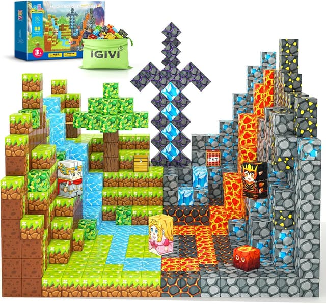 Detalle de IGIVI Magnetic Blocks Build Mine Magnet World Lava Valley Set (88 pcs) – 2.5 cm magnetic cube building toy for ages 3+