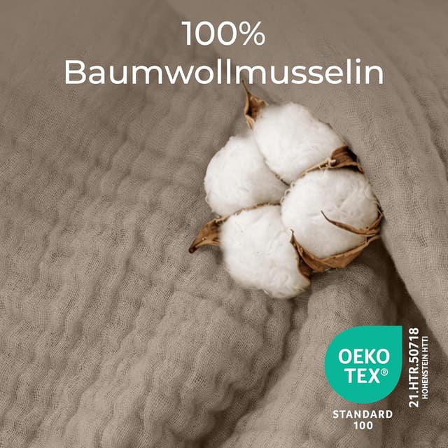 Detalle 2 de Dreamzie Musselin Tagesdecke 220x240 cm (Baumwolle, Oeko-Tex) – Taupe