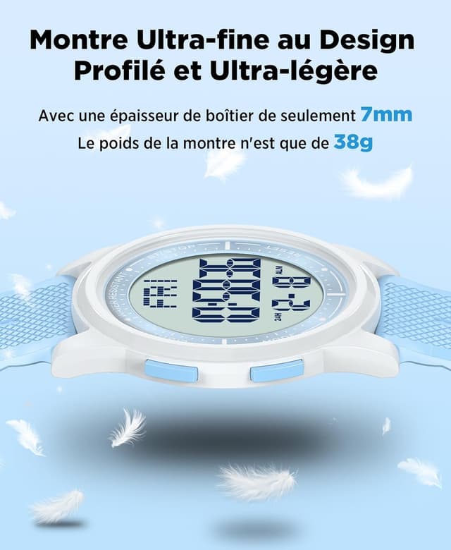 Thumbnail 6 de WIFORT Montre digitale étanche pour homme et femme, chronomètre, compte à rebours et alarme