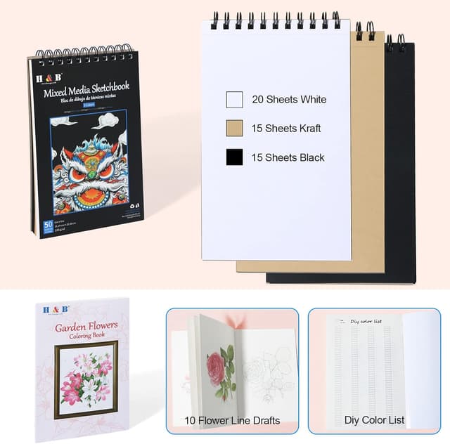 Detalle de H & B 80pcs Drawing Set Sketching Pencil Set with 3-Colour Sketchbook and Colouring Book