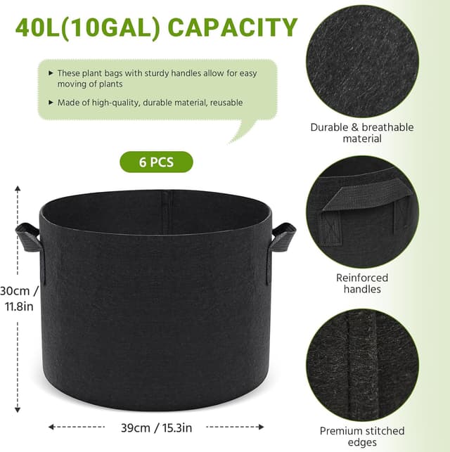 Detalle 2 de Newthinking Plant Grow Bags 10 Gallons (6 Pack) – Breathable non-woven fabric with durable handles