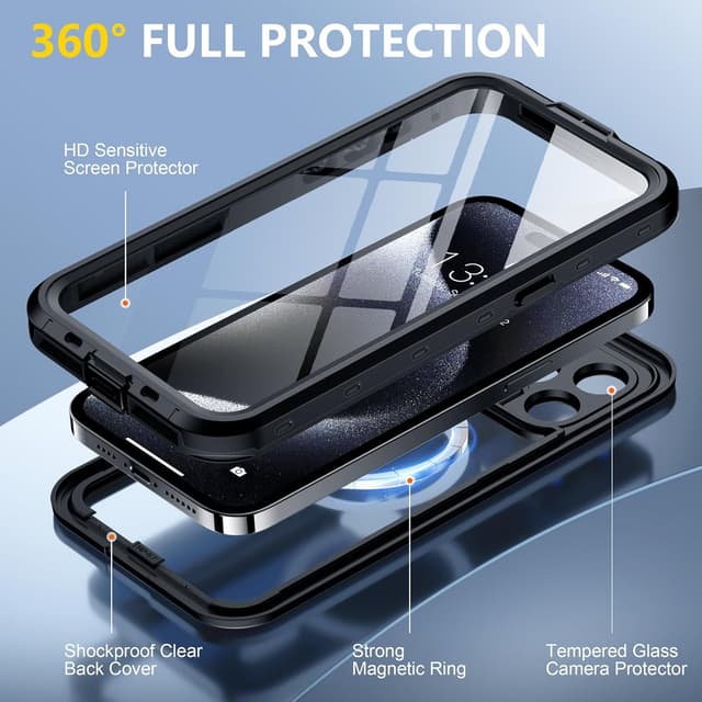 Detalle de Red2Fire Waterproof iPhone 15 Pro Case (6.1") with Built-in Screen & Camera Protection, MagSafe-Compatible (IP68) — Black/Clear