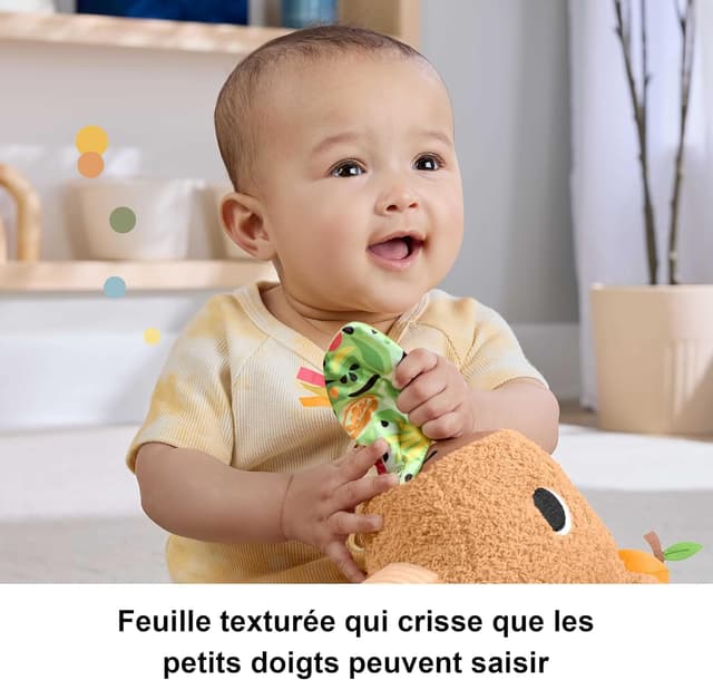 Detalle de Fisher-Price Mon Capybara Câlins (HYR54) : peluche sensorielle avec anneau de dentition et hochet