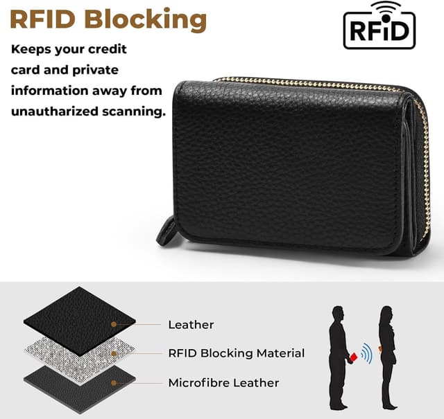 Detalle de RRANCharltu kleine Portemonnaie Damen aus Leder mit RFID-Schutz (10 x 7,5 x 3,5 cm) – Schwarz