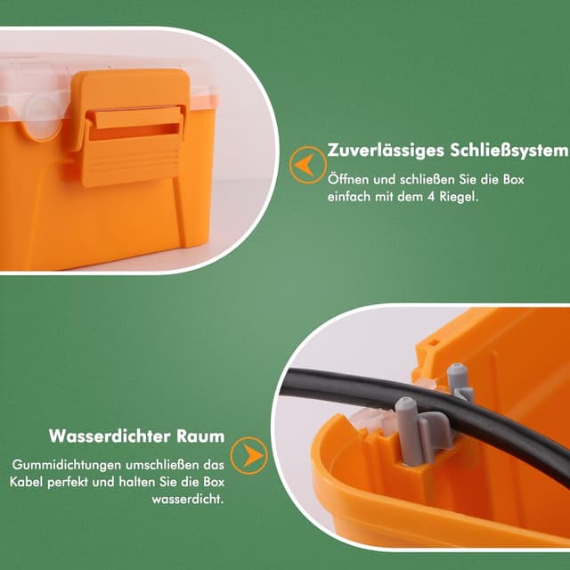 Detalle de RESTMO Extra große wasserdichte Kabelbox (IP54) mit transparentem Deckel, 32 x 22 x 13 cm, orange