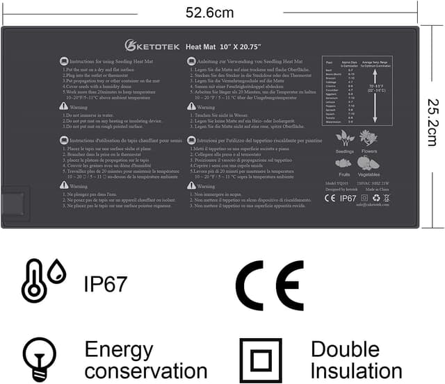 Detalle de KETOTEK Tappeto Riscaldante per semenzaio 220V, IP67, 21W (25,2 x 52,6 cm)