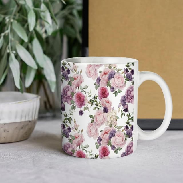 Detalle de ENSFTF Ceramic Mug – Rose Pattern, 11oz (Dishwasher Safe) for Coffee, Tea & Hot Drinks