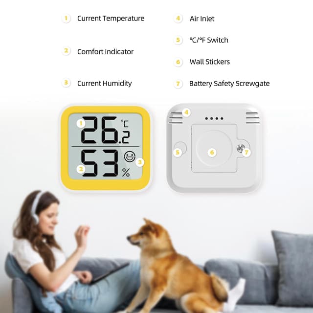 Detalle de NOKLEAD Thermometer & Hygrometer (Mini-Hygrometer) mit Komfort-Icon und °C/°F-Umschalter – Gelb