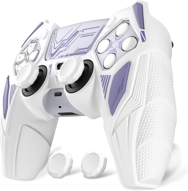 Detalle de PlayVital Mecha Rhino Silicone Cover for PS5 Controller (White & Light Violet) with Thumb Grips & Stickers