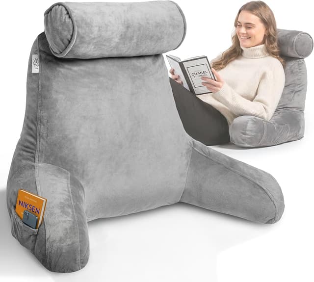 Detalle de Ella Coussin de lecture avec rouleau de cou et accoudoirs en velours gris (53x60x40 cm)