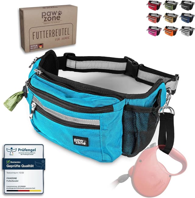 Detalle de PAWZONE Leckerlibeutel für Hunde mit Hüftgurt, Reflektorband und Zusatzgurt (Azurblau)