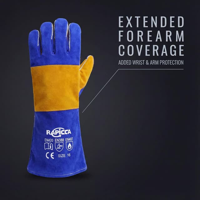 Thumbnail 6 de RAPICCA Welding Gloves Fire Heat Resistant (Blue) 16IN, 932°F Leather Cover for MIG/Flux-Core/SMAW & forge work