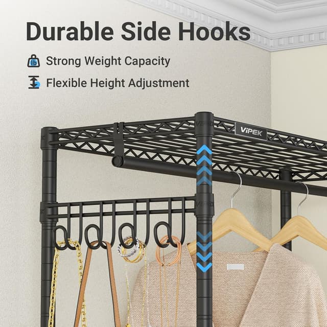 Detalle de VIPEK L4 L-Shaped Garment Rack for Corner Storage with 3 Hanging Rods, 2 Side Hooks (Freestanding)